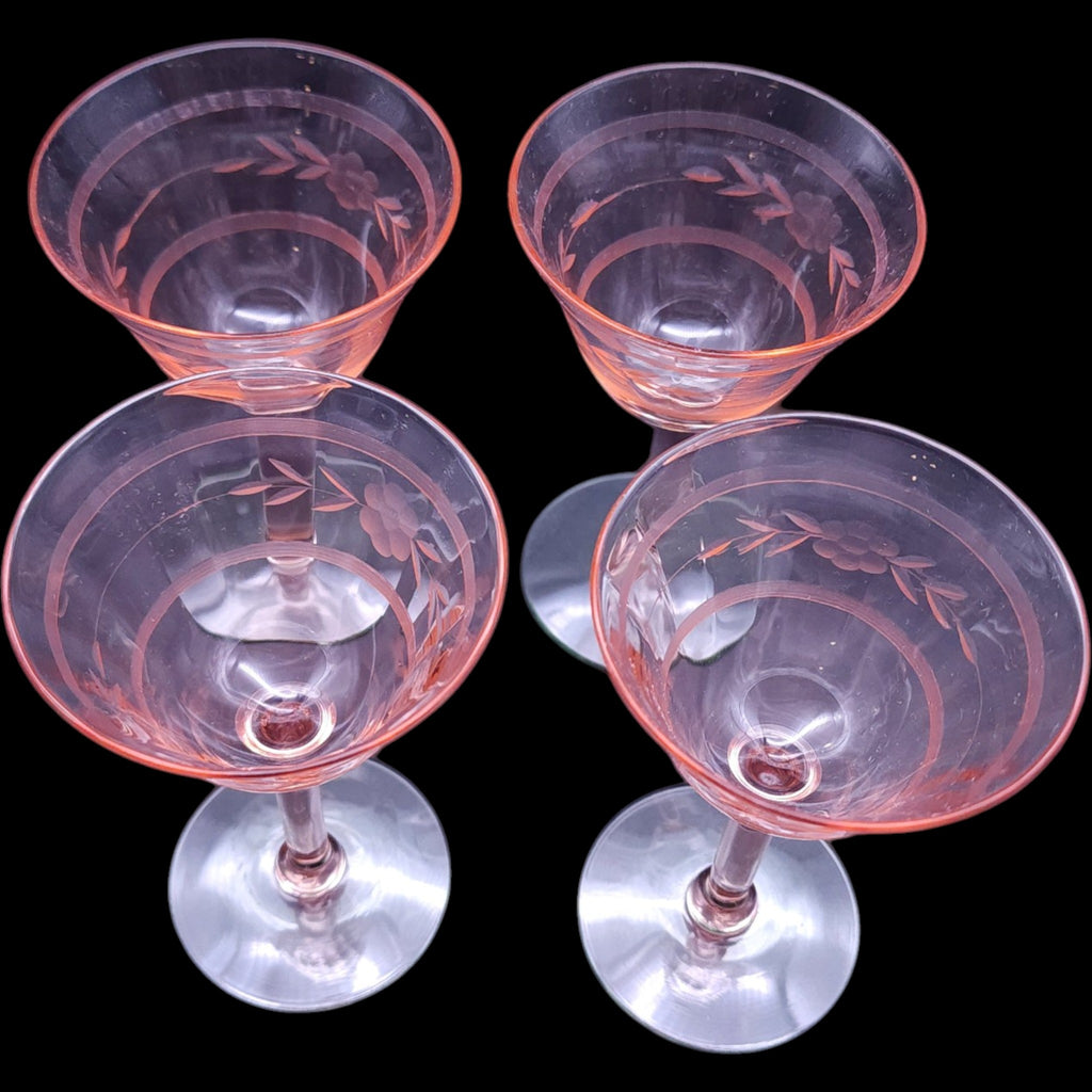 Vintage Pink Depression Glass Cocktail Wine Glasses Uranium Base Set of 4