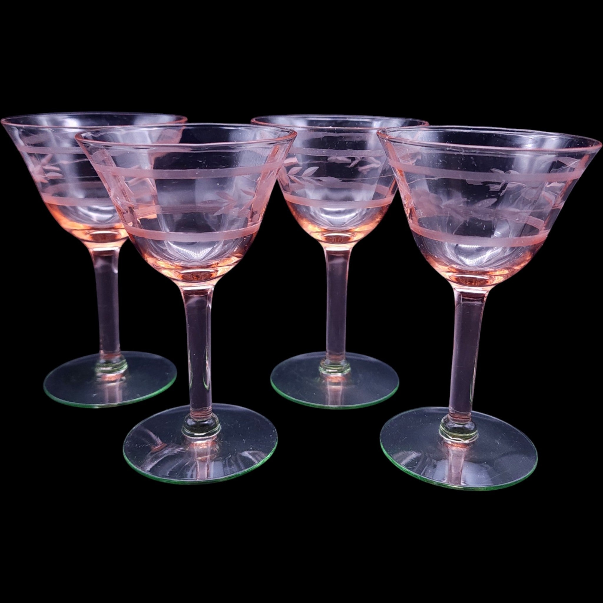 Vintage Pink Depression Glass Cocktail Wine Glasses Uranium Base Set of 4