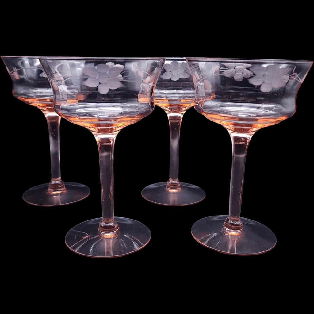Vintage Pink Depression Glass Etched Coupe Champagne Glasses Set of 4 AS-IS