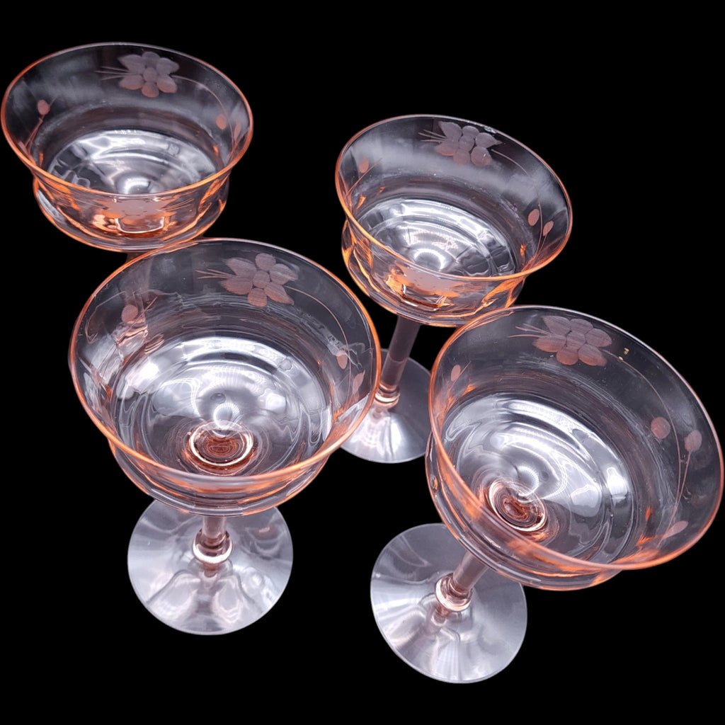 Vintage Pink Depression Glass Etched Coupe Champagne Glasses Set of 4 AS-IS