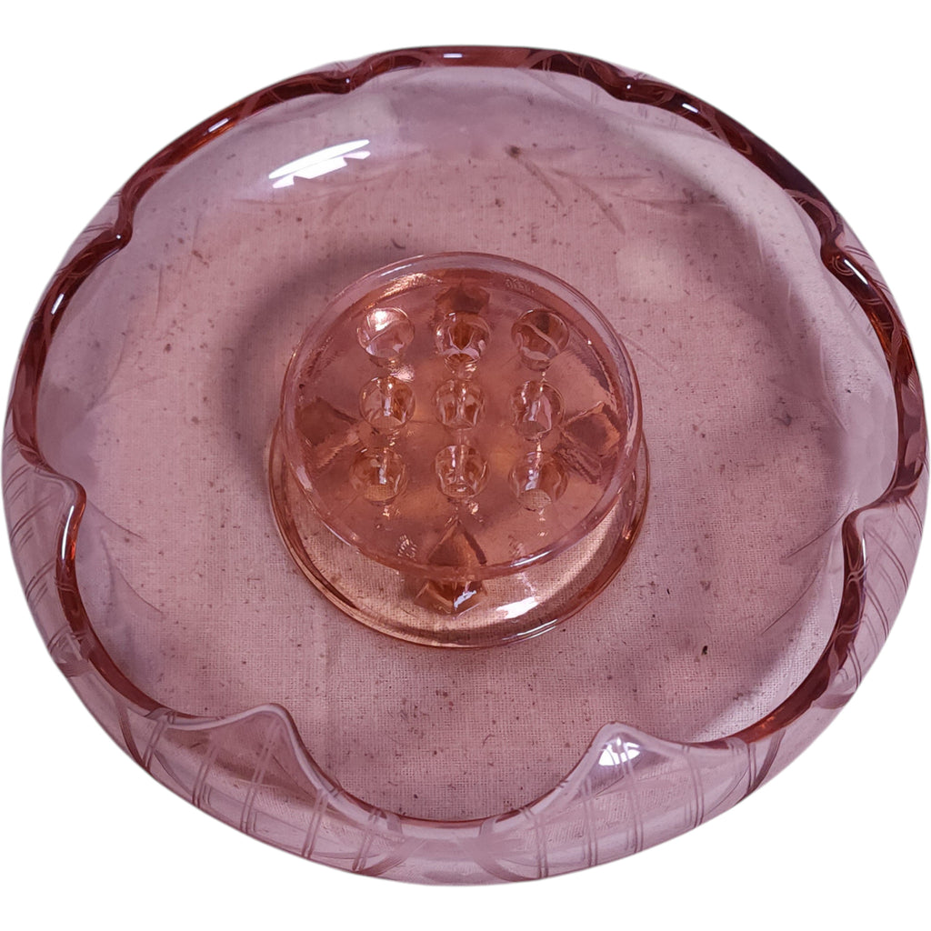 Vintage Pink Depression Glass Flower Frog and Console Bowl Set