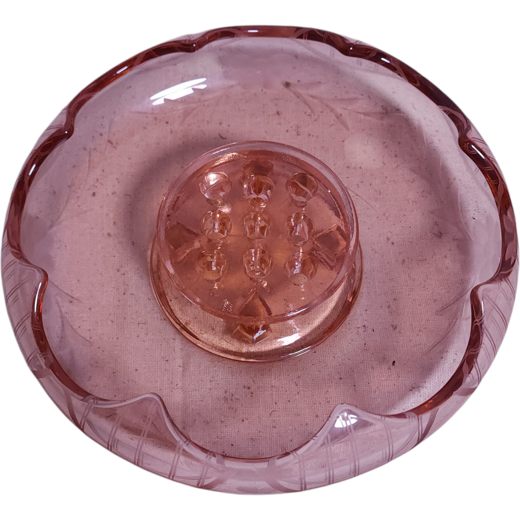 Vintage Pink Depression Glass Flower Frog and Console Bowl Set