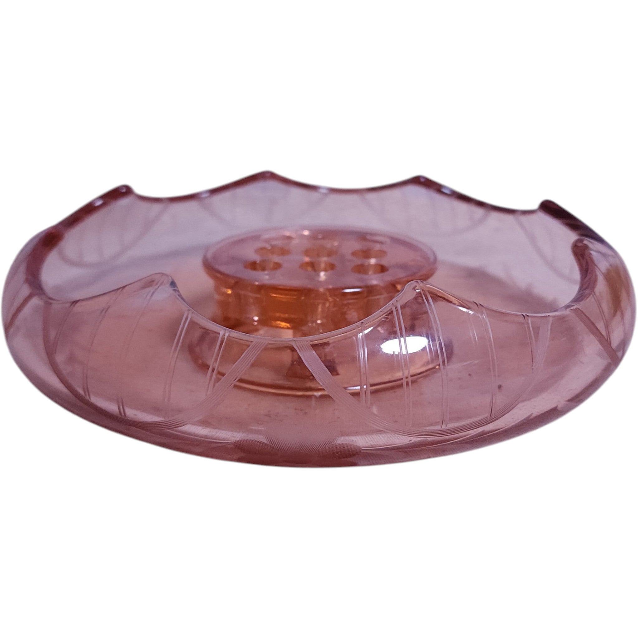 Vintage Pink Depression Glass Flower Frog and Console Bowl Set