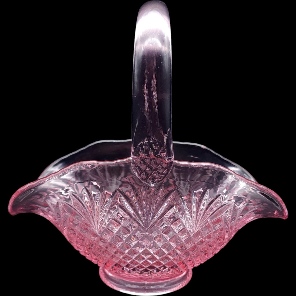 Vintage Pink Depression Pressed Glass Basket Cut Diamond Fan Dish