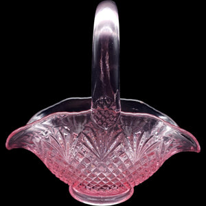 Vintage Pink Depression Pressed Glass Basket Cut Diamond Fan Dish