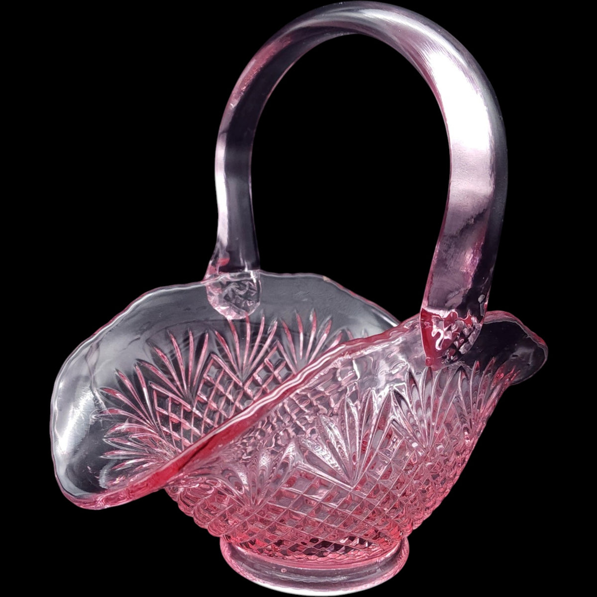 Vintage Pink Depression Pressed Glass Basket Cut Diamond Fan Dish
