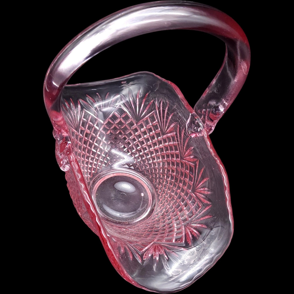 Vintage Pink Depression Pressed Glass Basket Cut Diamond Fan Dish