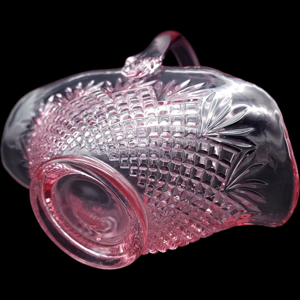Vintage Pink Depression Pressed Glass Basket Cut Diamond Fan Dish