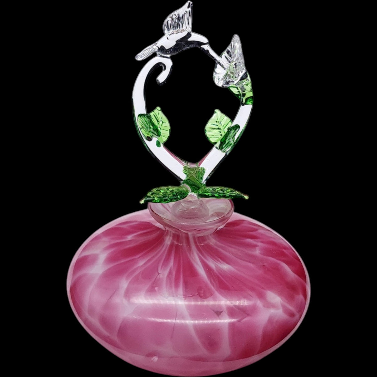 Vintage Pink Slag Art Glass Perfume Bottle with Hummingbird Stopper