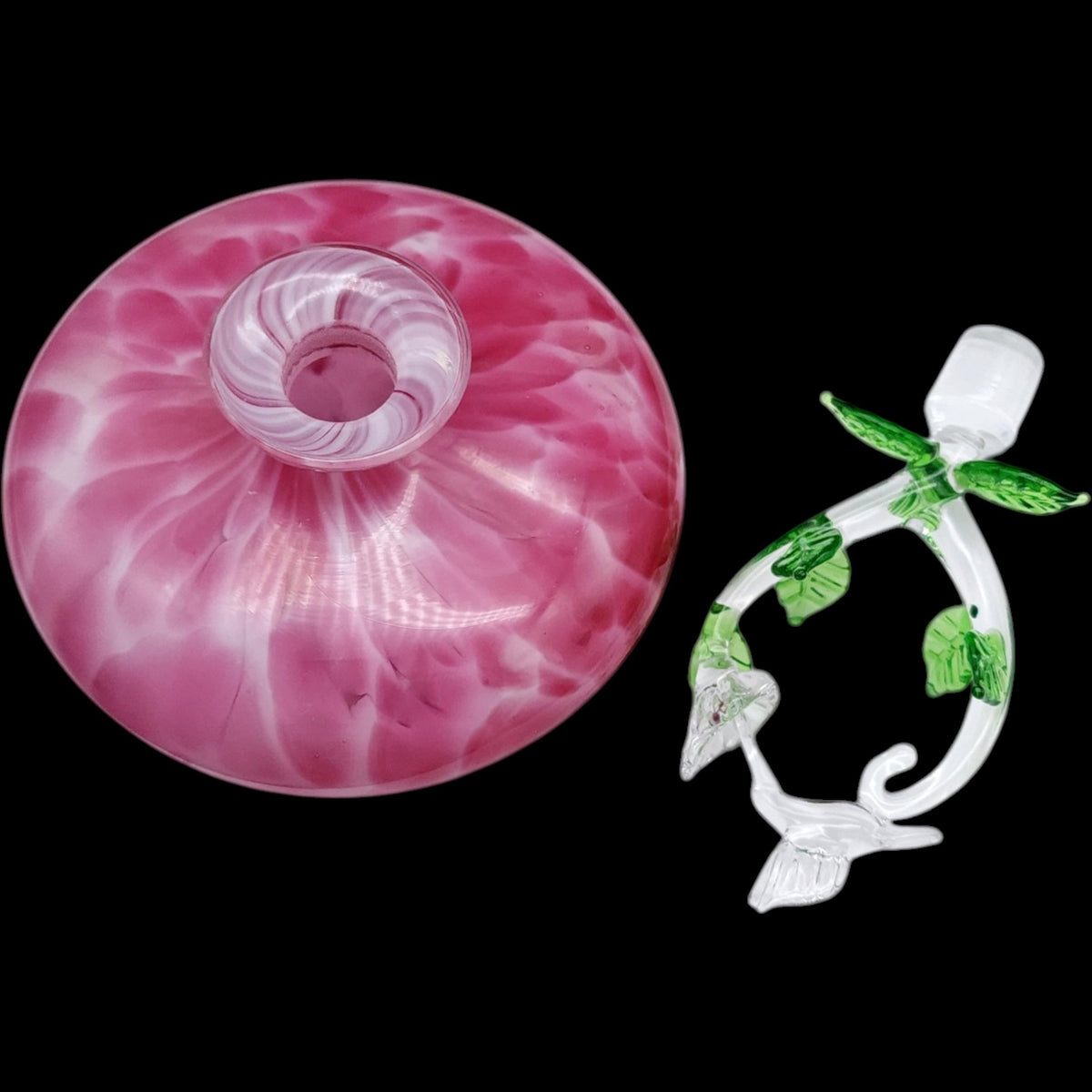 Vintage Pink Slag Art Glass Perfume Bottle with Hummingbird Stopper