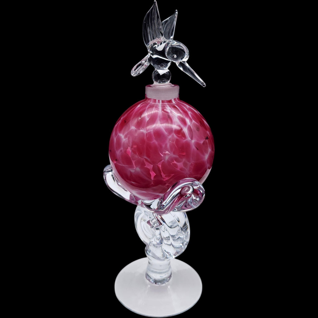 Vintage Pink Swirl Art Glass Pedestal Perfume Bottle with Hummingbird Stopper