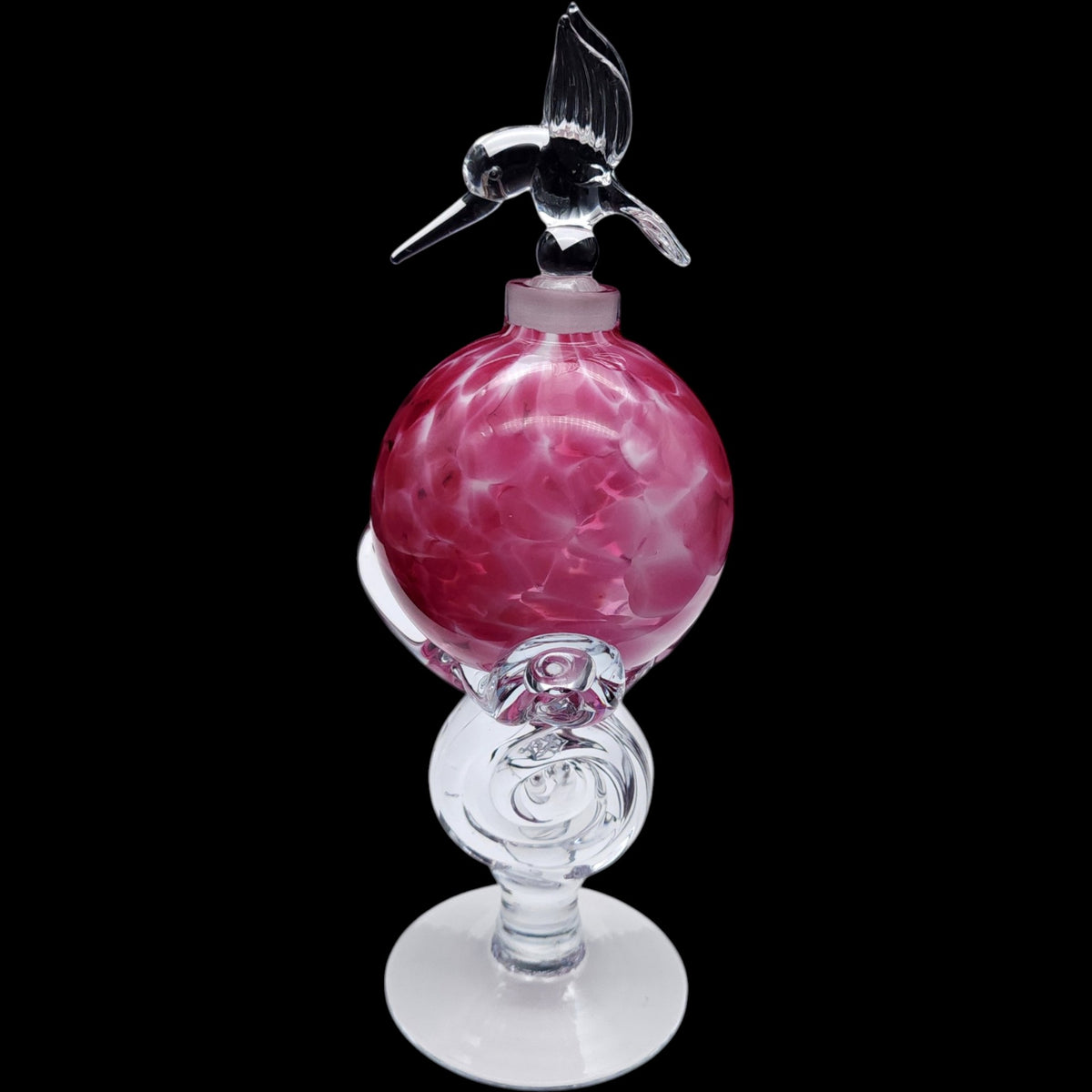 Vintage Pink Swirl Art Glass Pedestal Perfume Bottle with Hummingbird Stopper