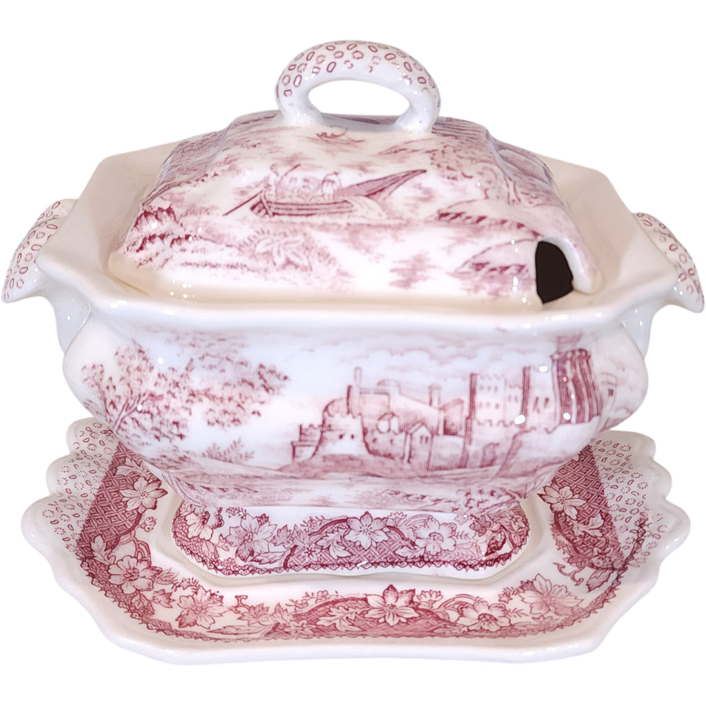 Vintage Pink Transferware Mini Soup Tureen with Underplate and Lid Japan