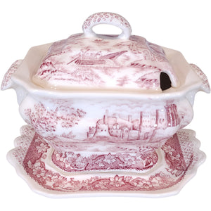 Vintage Pink Transferware Mini Soup Tureen with Underplate and Lid Japan