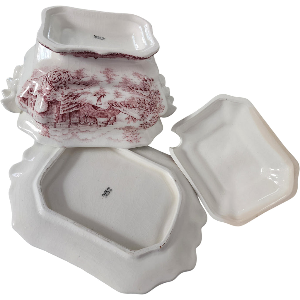 Vintage Pink Transferware Mini Soup Tureen with Underplate and Lid Japan