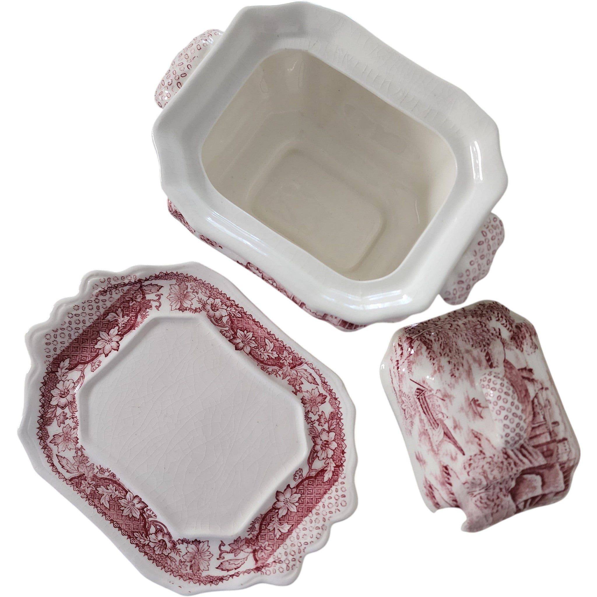 Vintage Pink Transferware Mini Soup Tureen with Underplate and Lid Japan