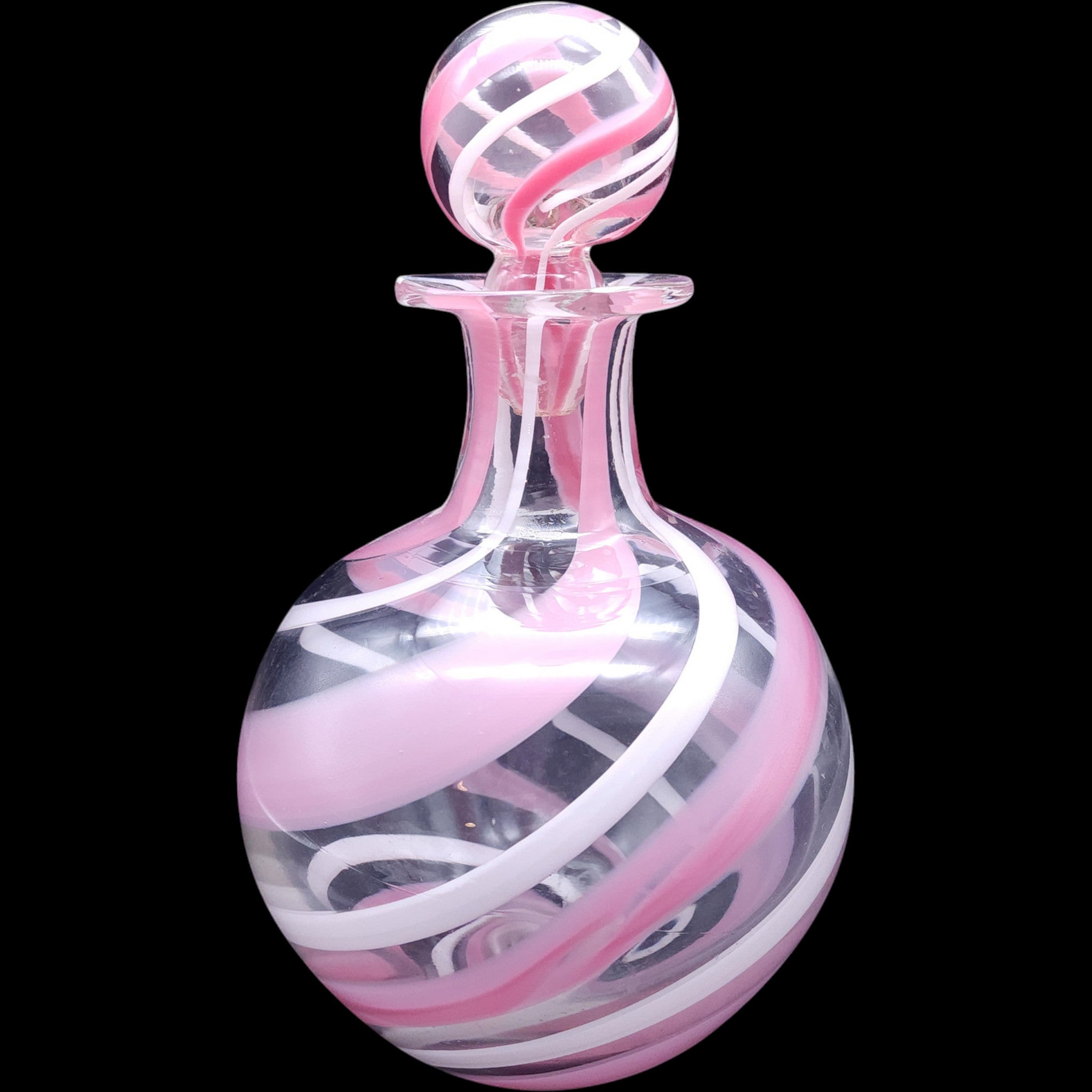 Vintage Pink and White Swirl Art Glass Decanter Bottle with Stopper