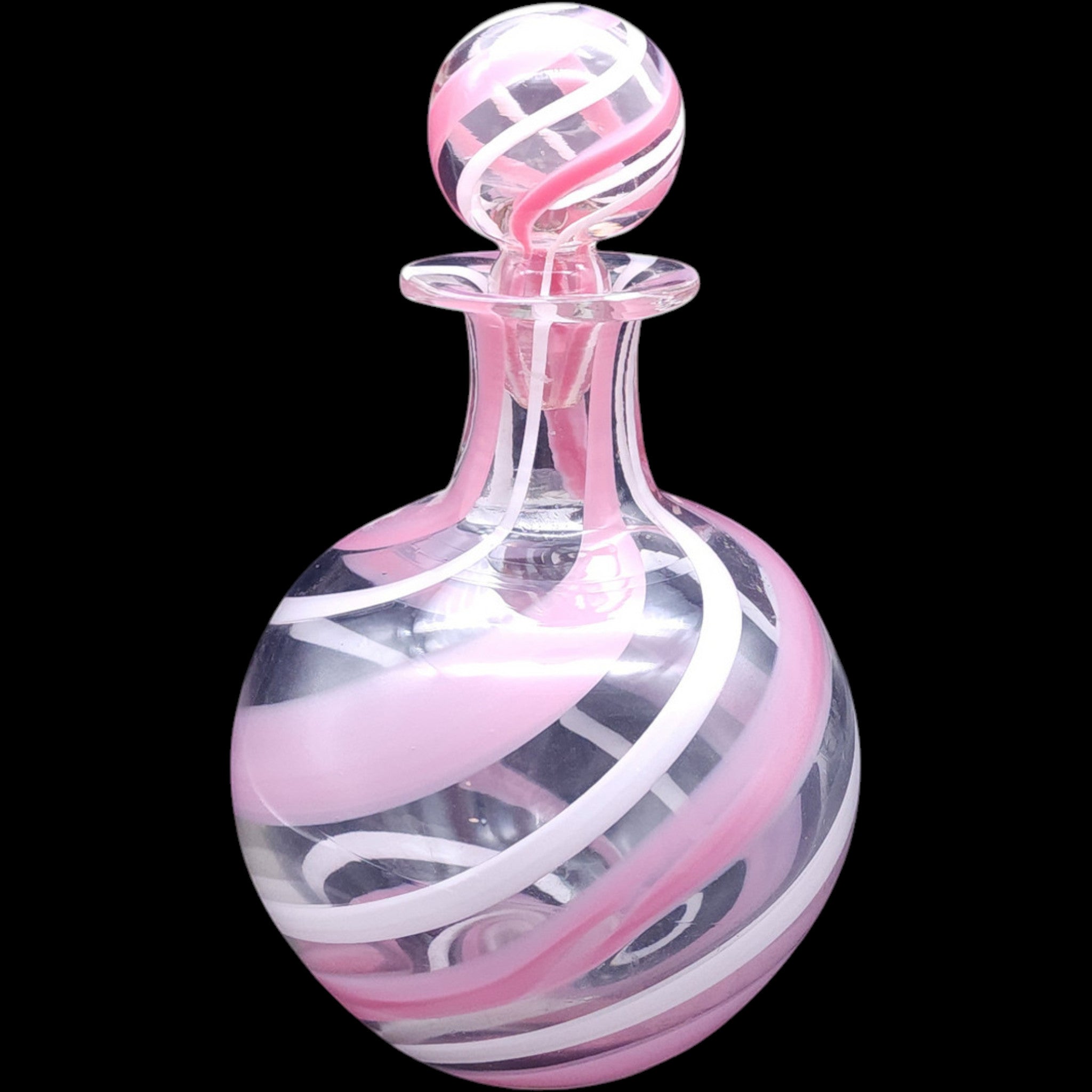 Vintage Pink and White Swirl Art Glass Decanter Bottle with Stopper