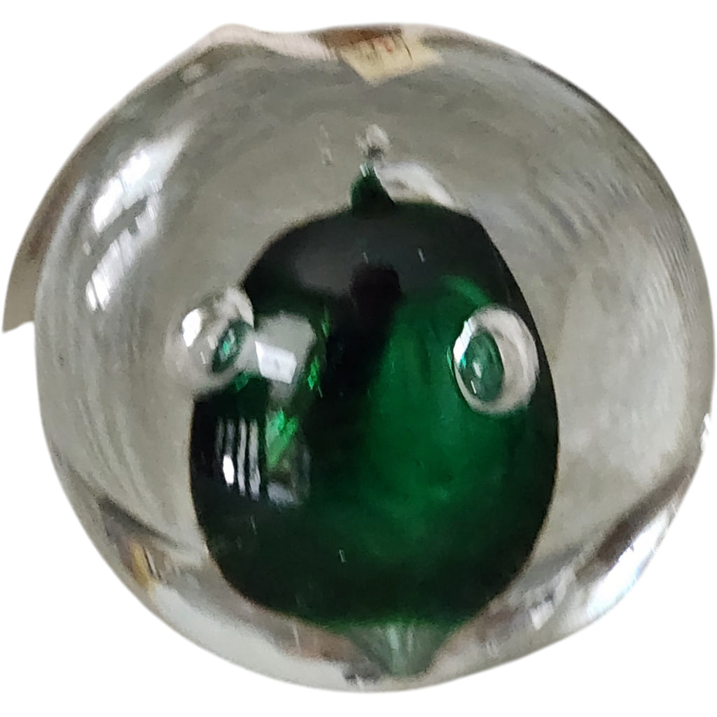 Vintage Polish Art Glass Paperweight Signed Handblown Crystal Emerald Orb
