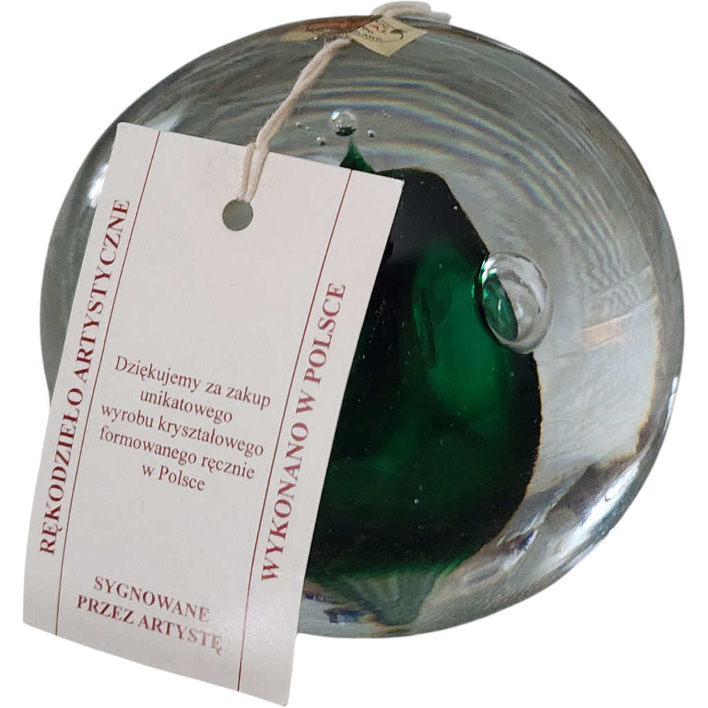 Vintage Polish Art Glass Paperweight Signed Handblown Crystal Emerald Orb