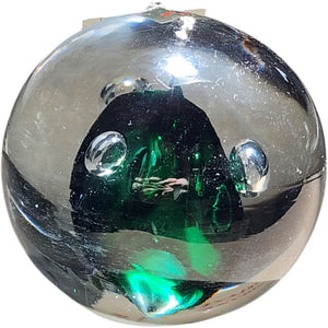 Vintage Polish Art Glass Paperweight Signed Handblown Crystal Emerald Orb