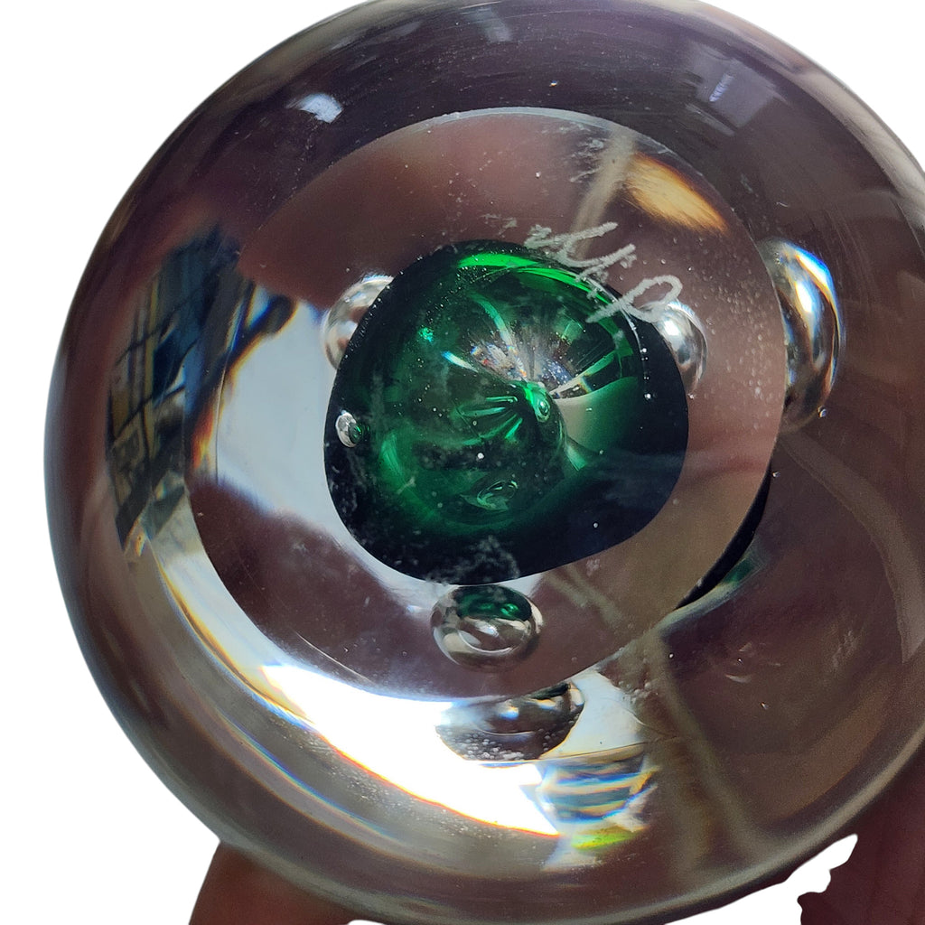Vintage Polish Art Glass Paperweight Signed Handblown Crystal Emerald Orb