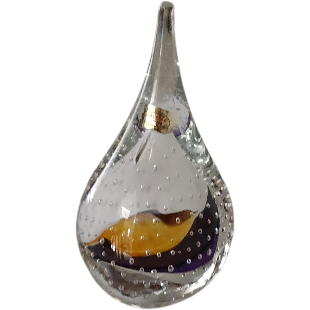 Vintage Polish Signed Handblown Crystal Controlled Bubble Teardrop Paperweight