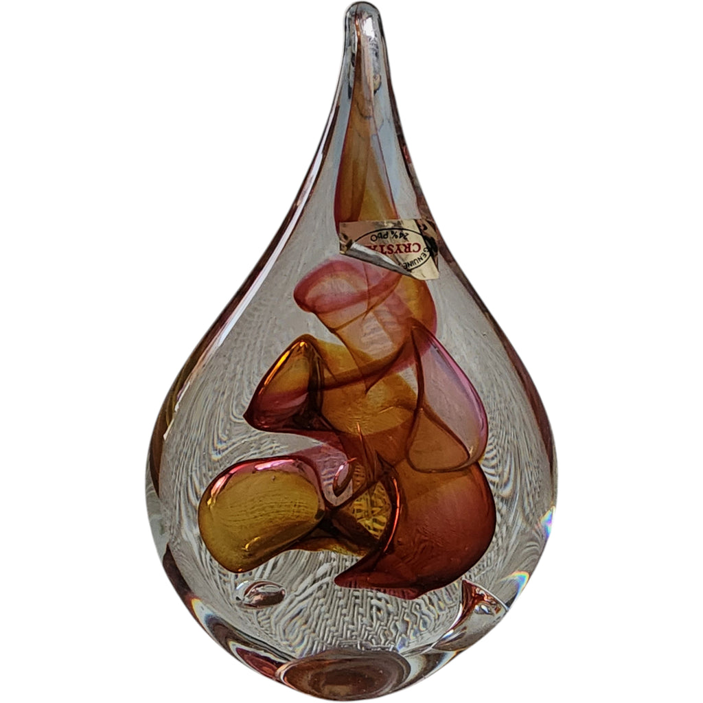 Vintage Polish Signed Handblown Crystal Teardrop Art Glass Paperweight