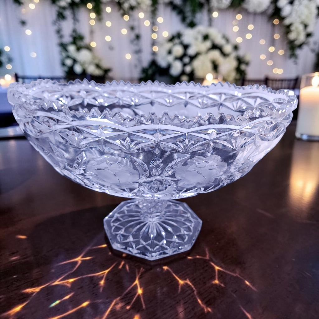 Vintage Pressed Glass Floral Rose Pedestal Compote Bowl