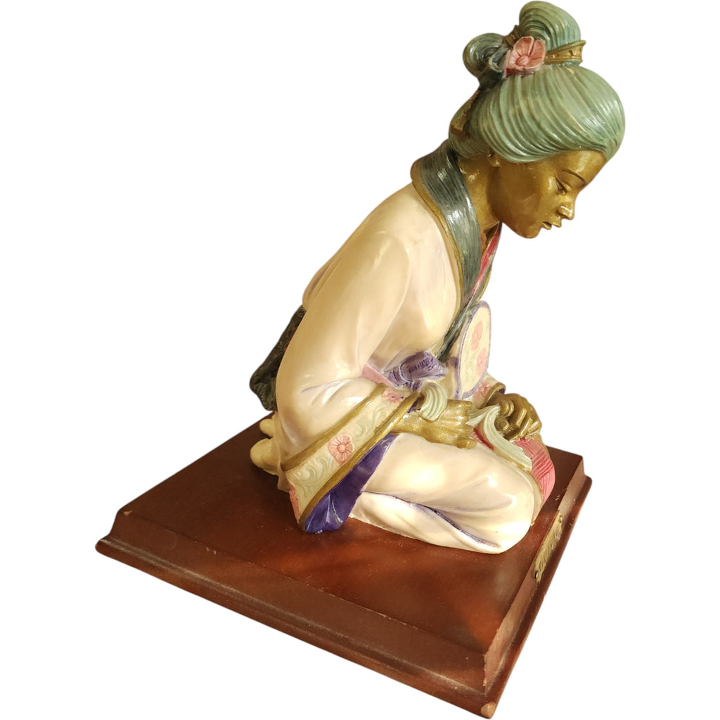 Vintage Pucci Signed Ceramic Geisha Figurine on Wooden Base