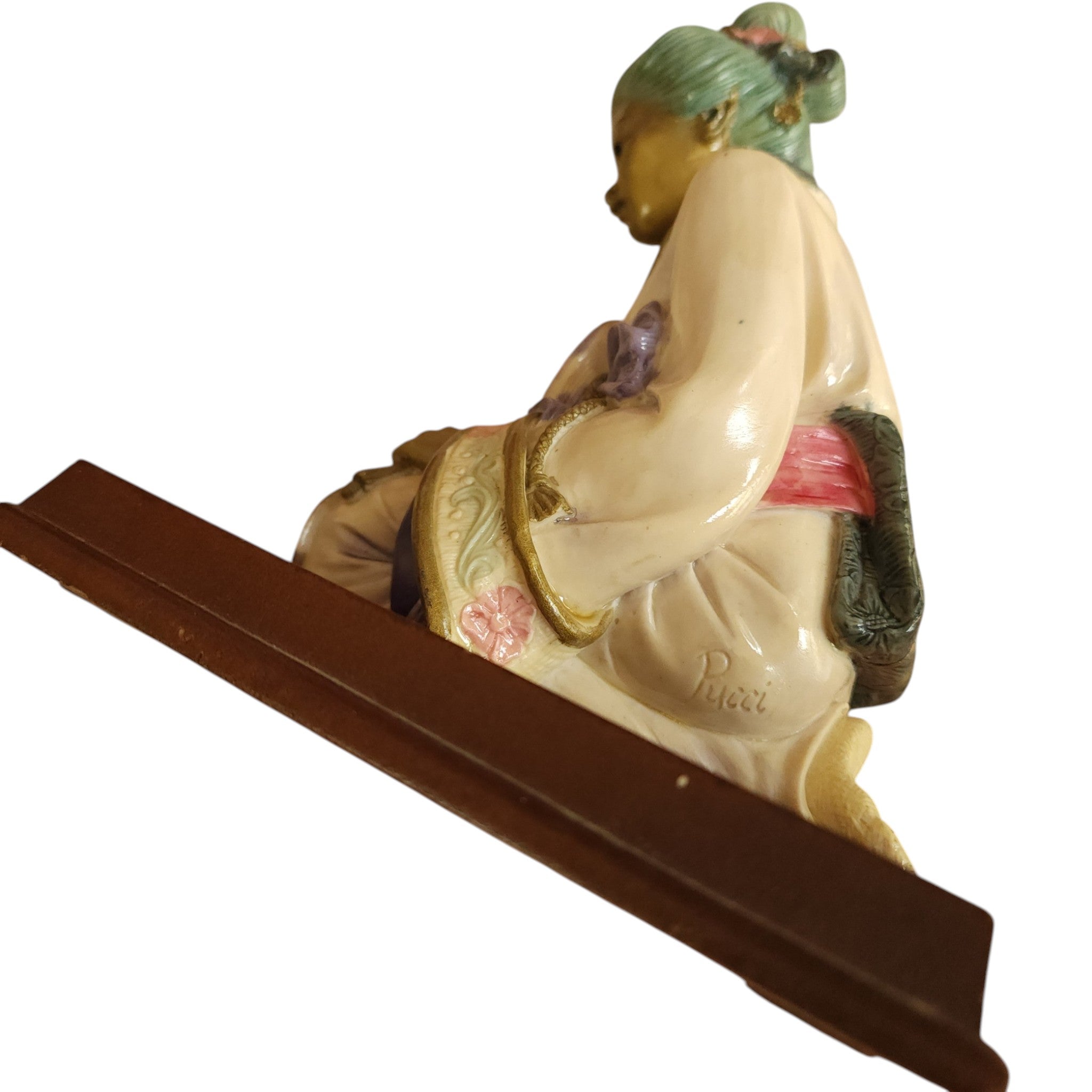 Vintage Pucci Signed Ceramic Geisha Figurine on Wooden Base
