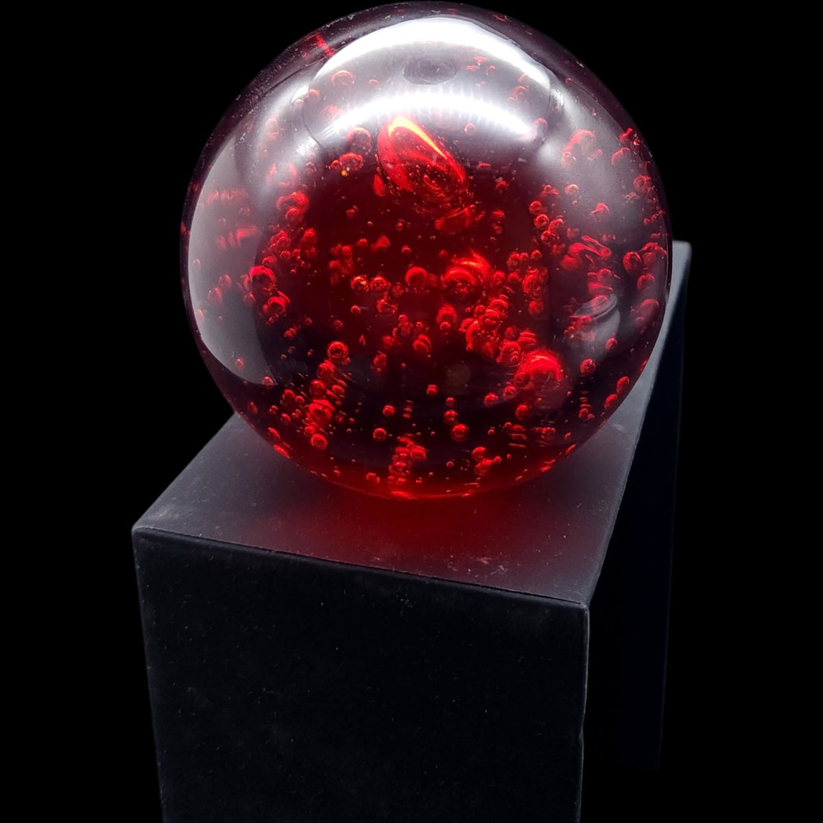 Vintage Red Art Glass Paperweight with Internal Bubbles and Shimmer