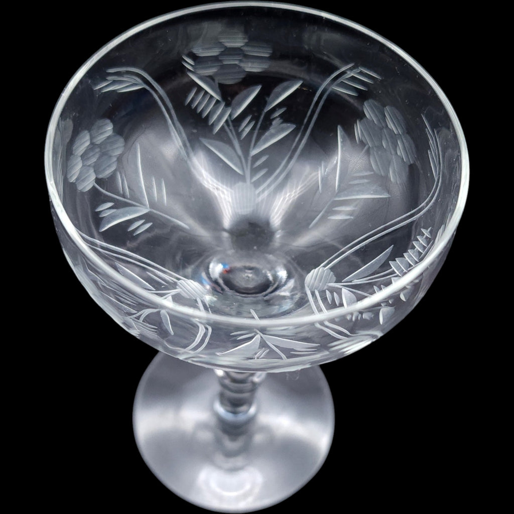 Vintage Rock Sharpe Etched Floral Champagne Coupe  Wine Glass