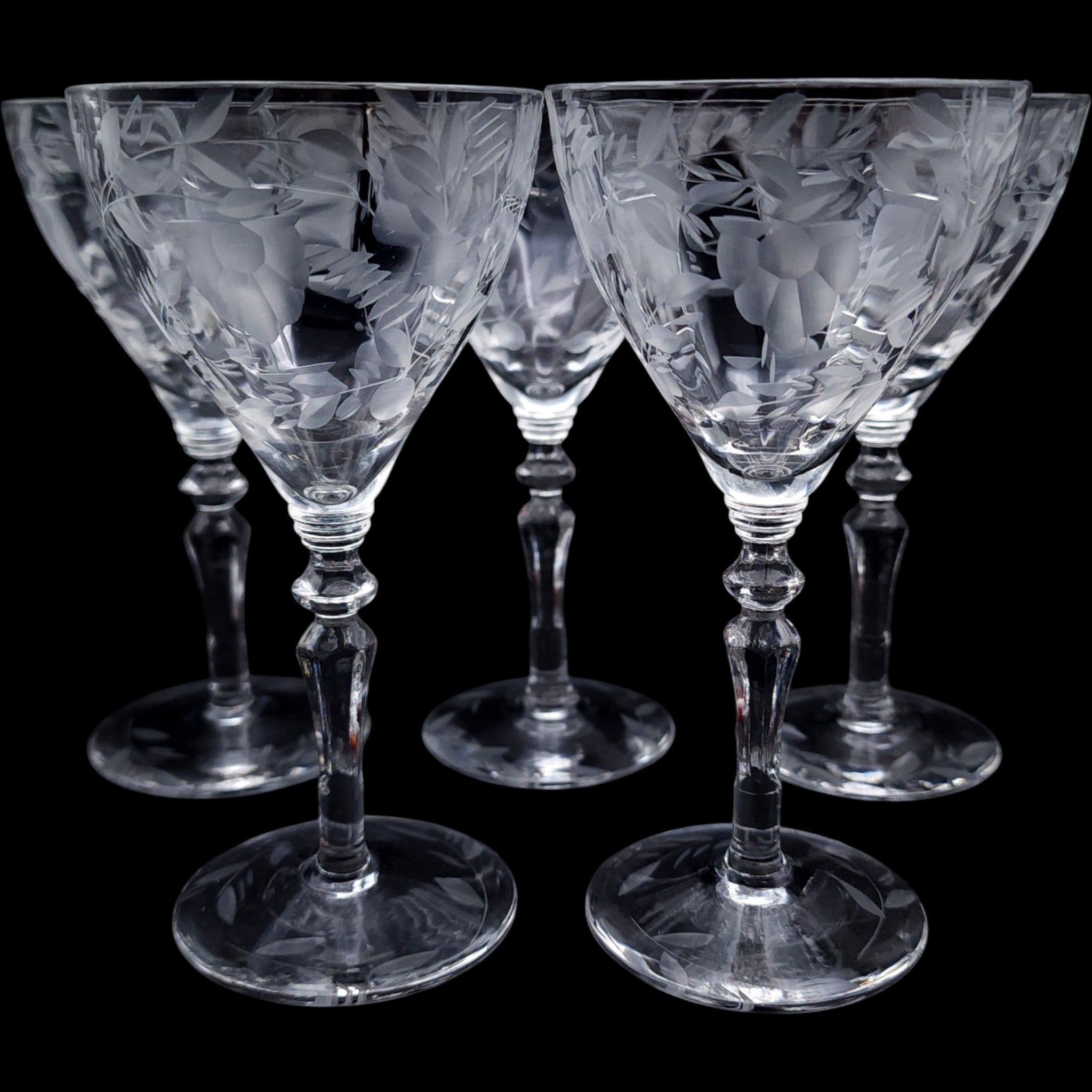 Vintage Rock Sharpe Etched Floral Liquor Cocktail Glasses Set of 5