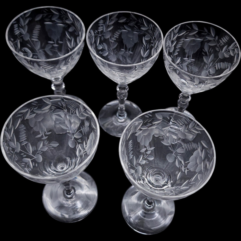 Vintage Rock Sharpe Etched Floral Liquor Cocktail Glasses Set of 5