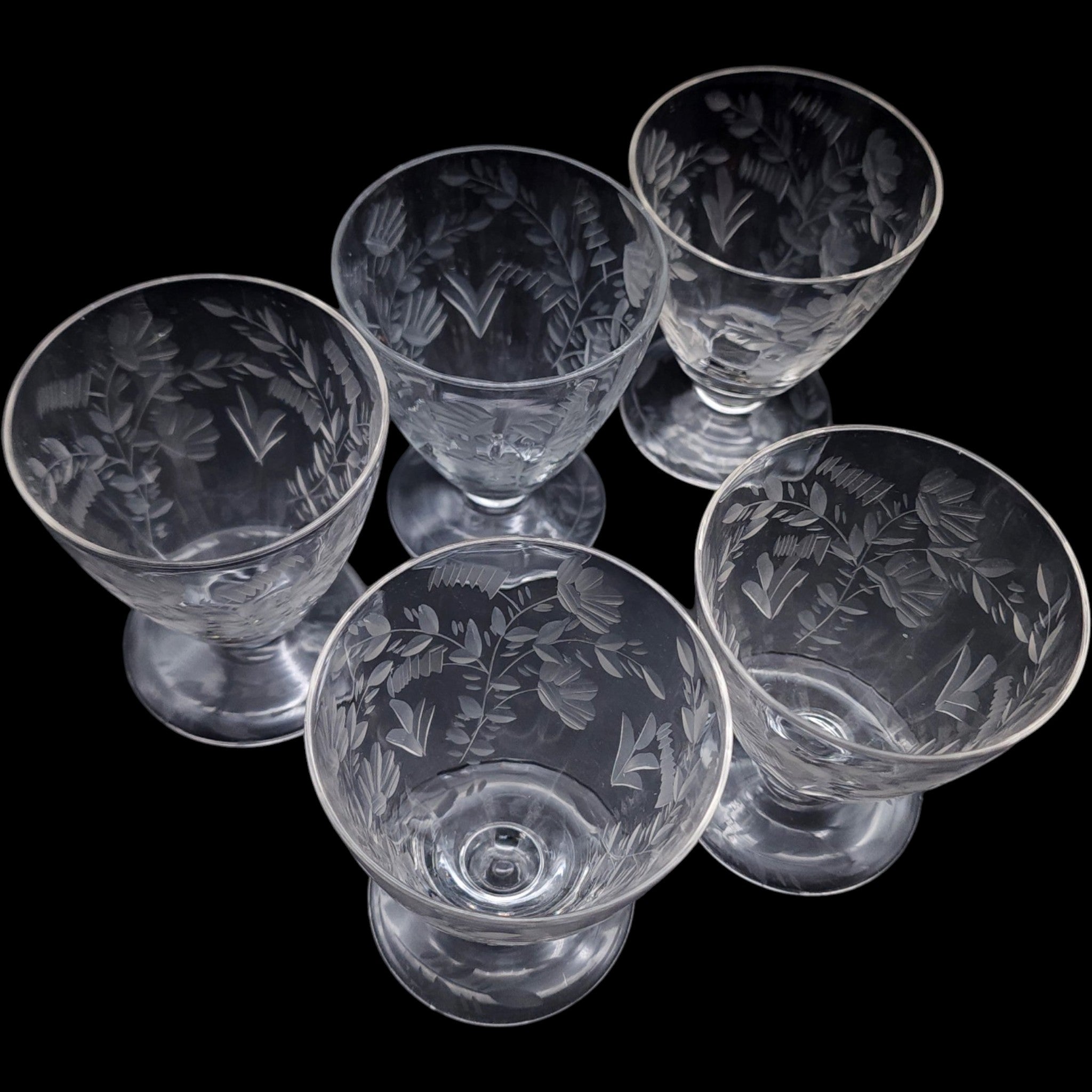 Vintage Rock Sharpe Etched Floral Oyster Cocktail Glasses Set of 5