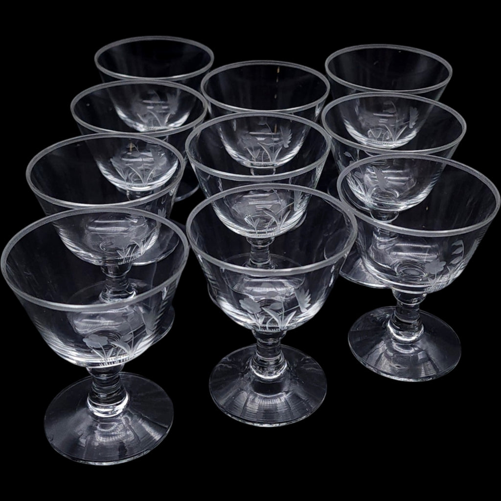 Vintage Rosenthal Etched Crystal Oyster Fruit Cocktail Glasses Set of 10