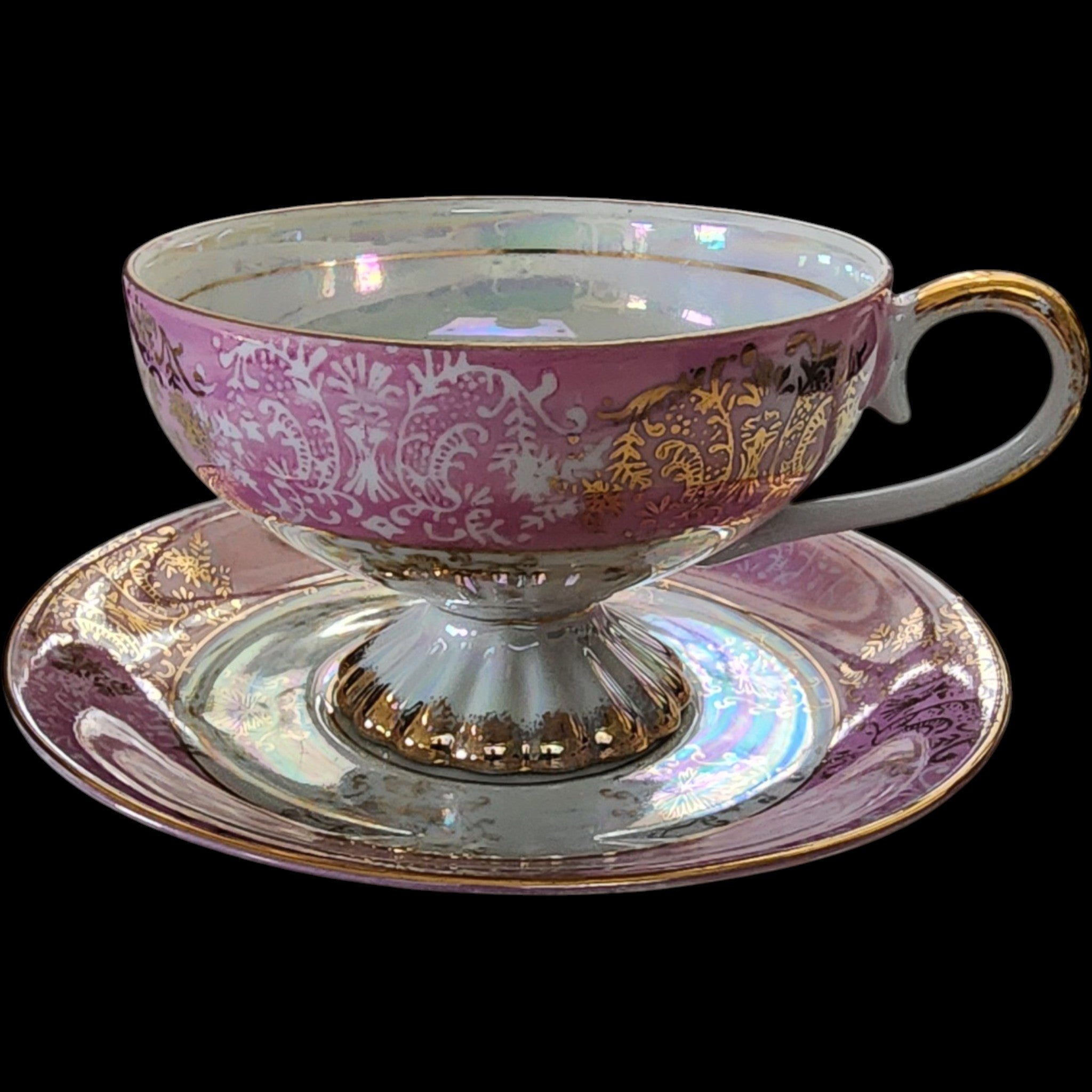 Vintage Royal Crown Iridescent Pink & Gold Porcelain Footed Teacup and Saucer Set