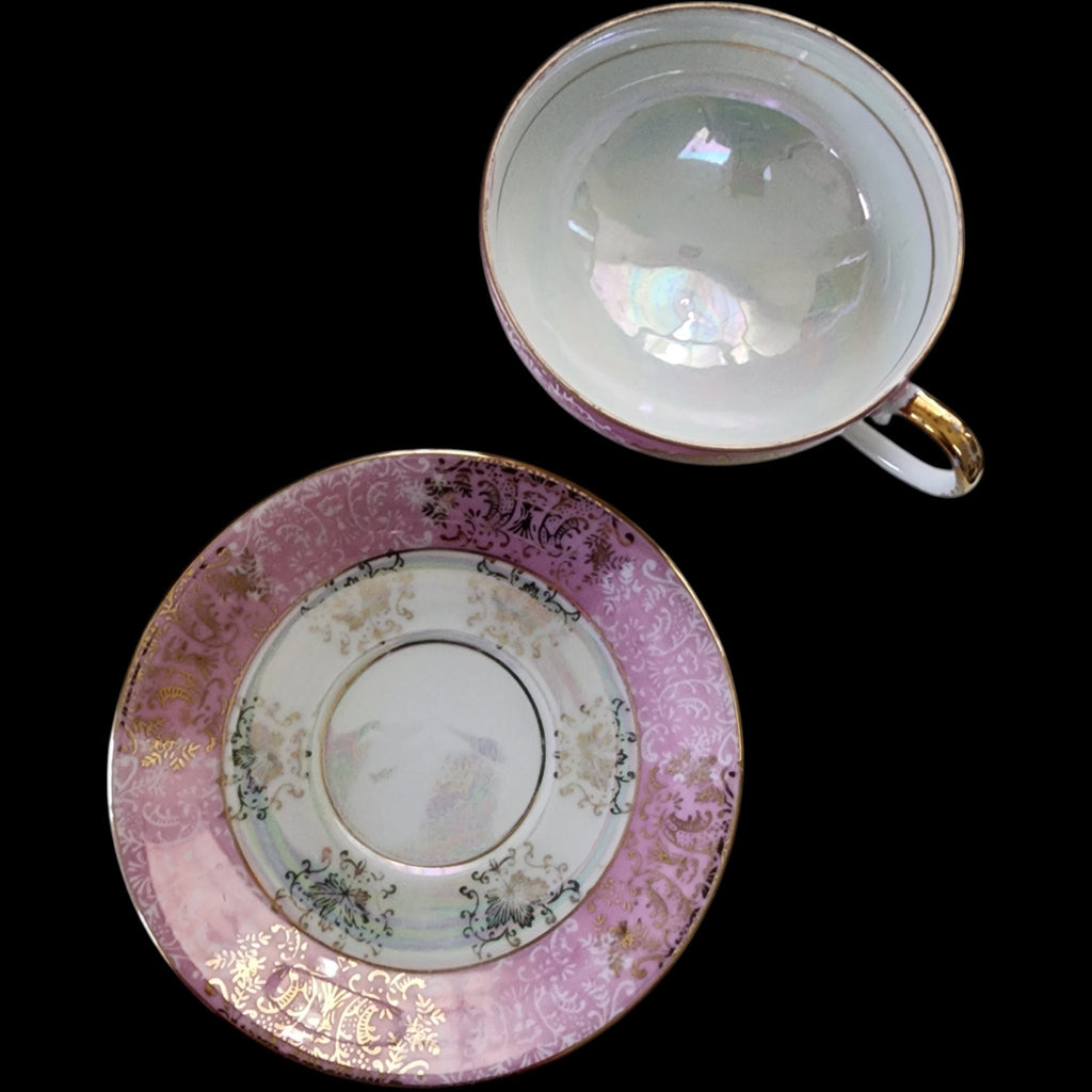 Vintage Royal Crown Iridescent Pink & Gold Porcelain Footed Teacup and Saucer Set