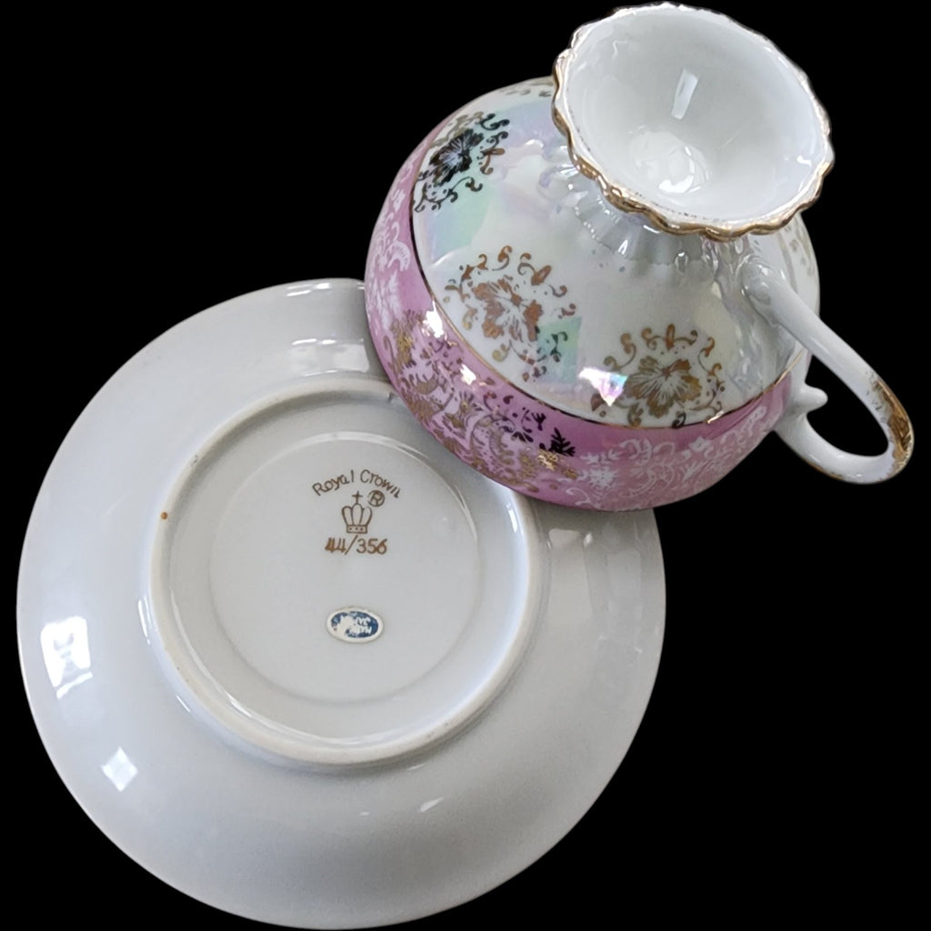Vintage Royal Crown Iridescent Pink & Gold Porcelain Footed Teacup and Saucer Set