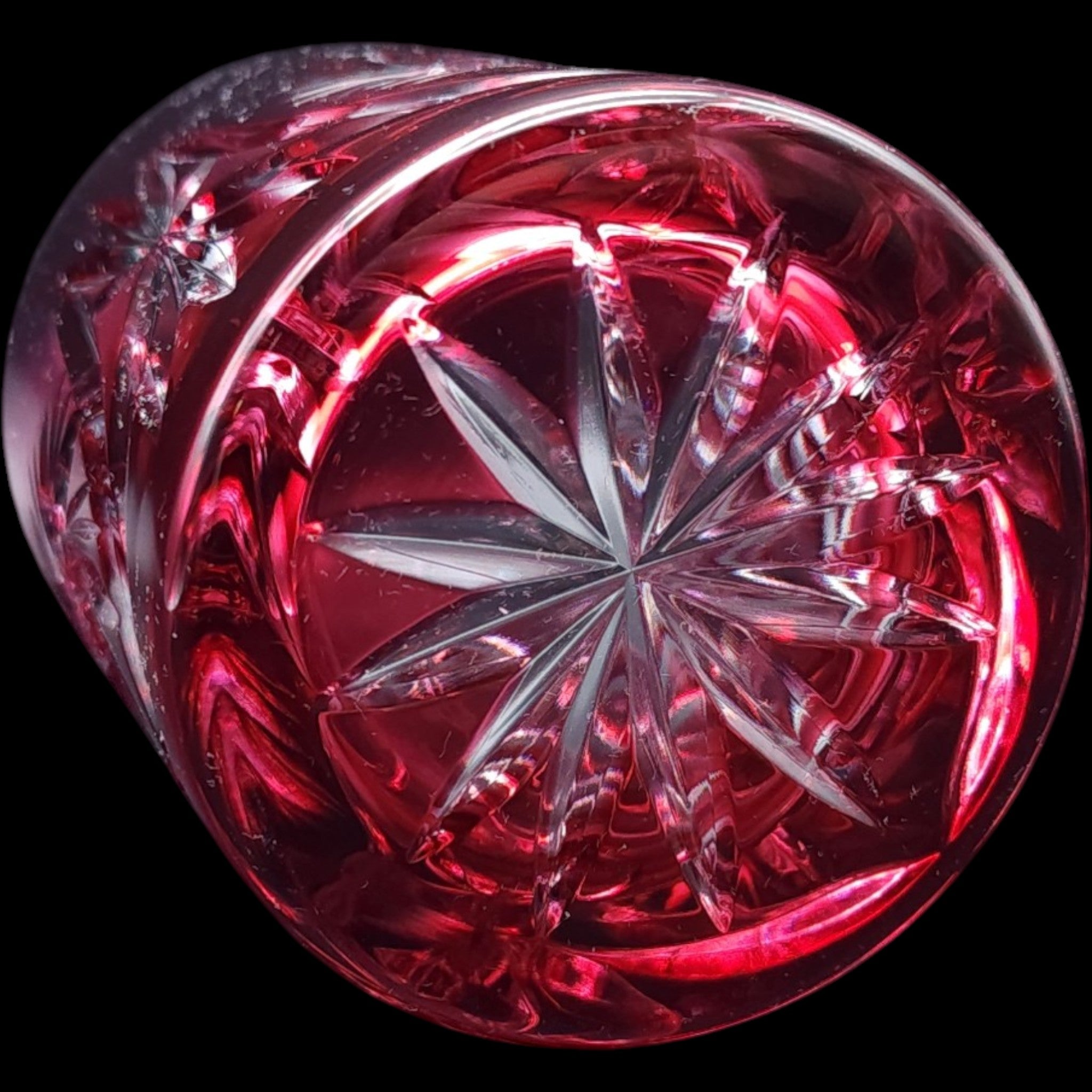 Vintage Ruby Red Cut Glass Tumbler Pinwheel Starburst Lowball Glass