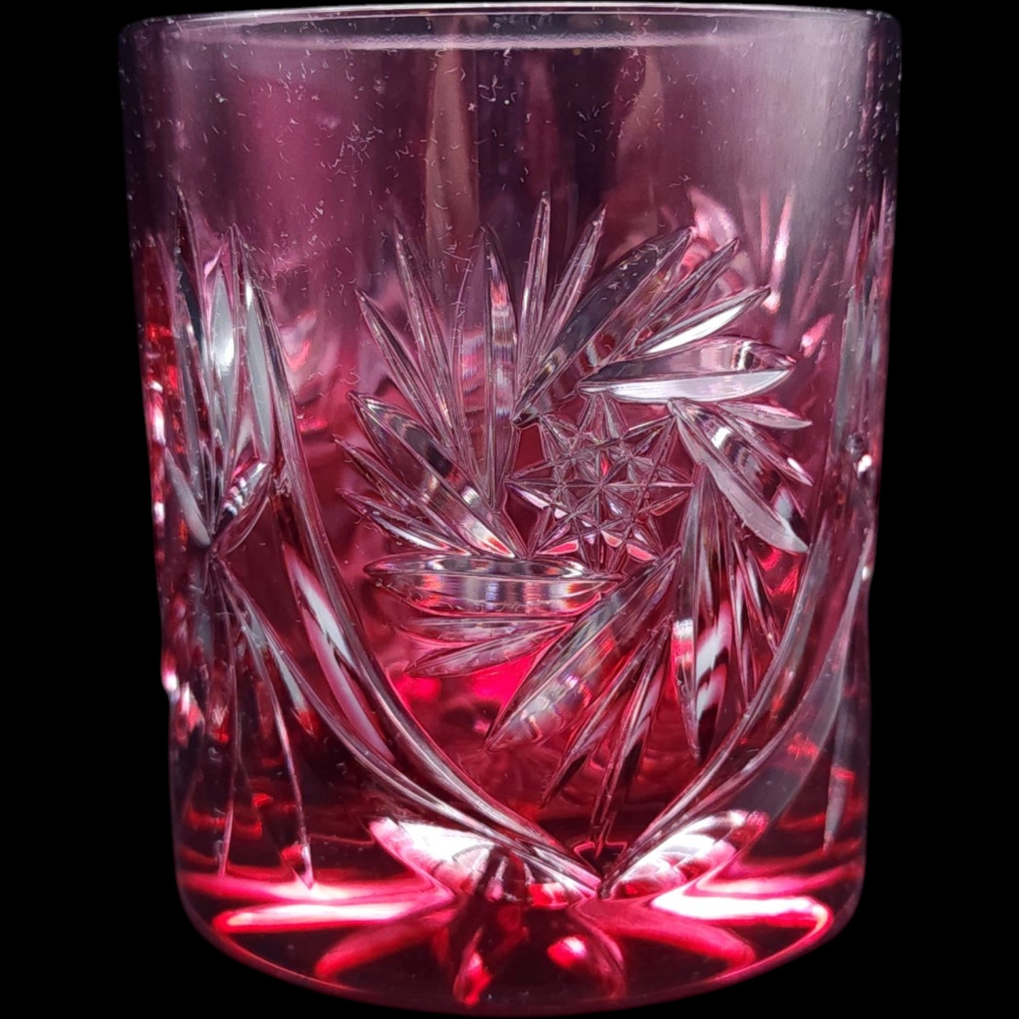 Vintage Ruby Red Cut Glass Tumbler Pinwheel Starburst Lowball Glass
