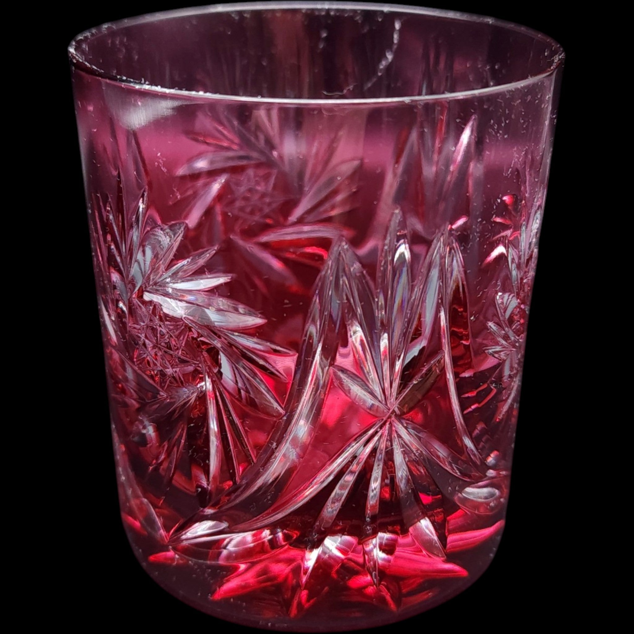Vintage Ruby Red Cut Glass Tumbler Pinwheel Starburst Lowball Glass
