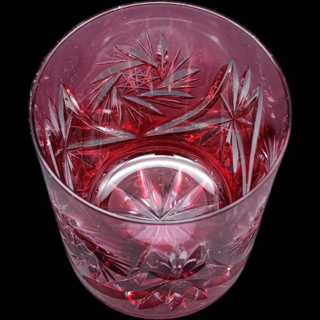 Vintage Ruby Red Cut Glass Tumbler Pinwheel Starburst Lowball Glass