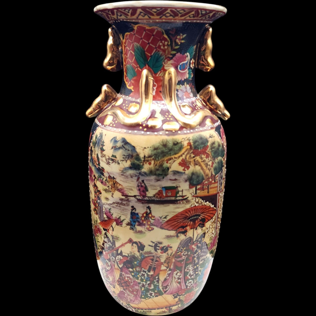11" Vintage Satsuma Style Ceramic Urn Vase Gilded Handles Geisha Scene