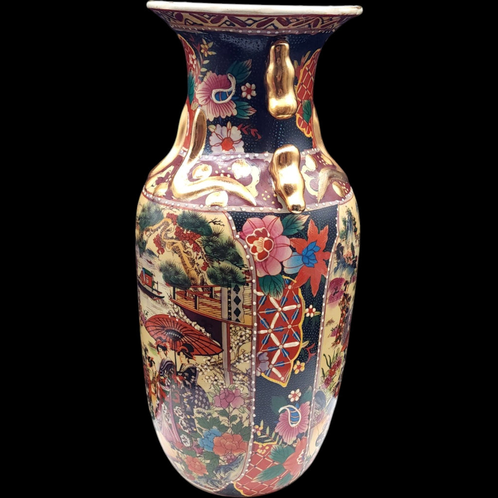 11" Vintage Satsuma Style Ceramic Urn Vase Gilded Handles Geisha Scene