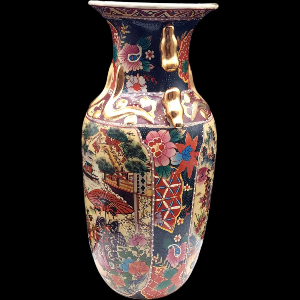 11" Vintage Satsuma Style Ceramic Urn Vase Gilded Handles Geisha Scene