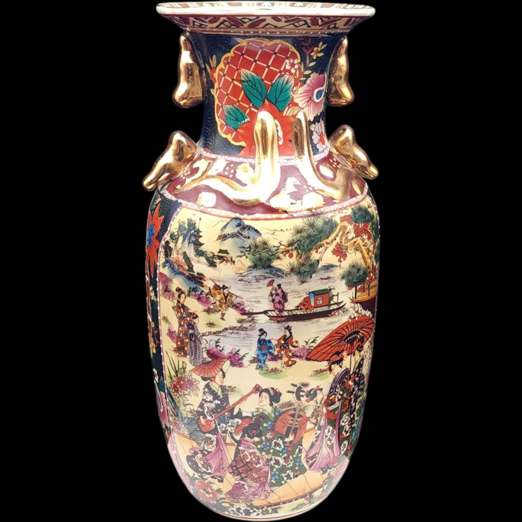 11" Vintage Satsuma Style Ceramic Urn Vase Gilded Handles Geisha Scene