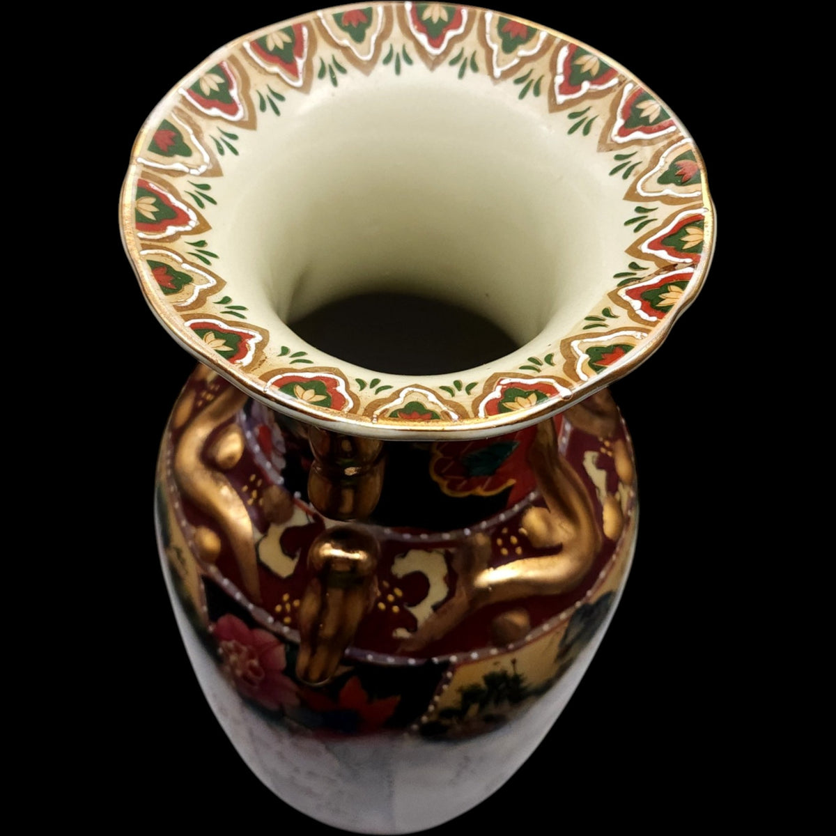 11" Vintage Satsuma Style Ceramic Urn Vase Gilded Handles Geisha Scene