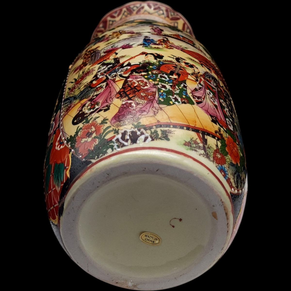 11" Vintage Satsuma Style Ceramic Urn Vase Gilded Handles Geisha Scene